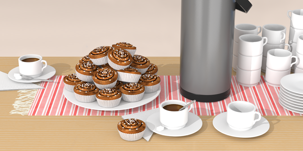 Illustrerad bild föreställande ett bord fyllt med kanelbullar, kaffekoppar och kaffetermos