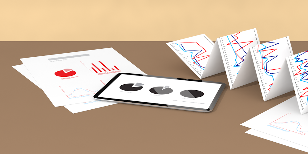 Illustrerad bild som föreställer papper med grafer och diagram