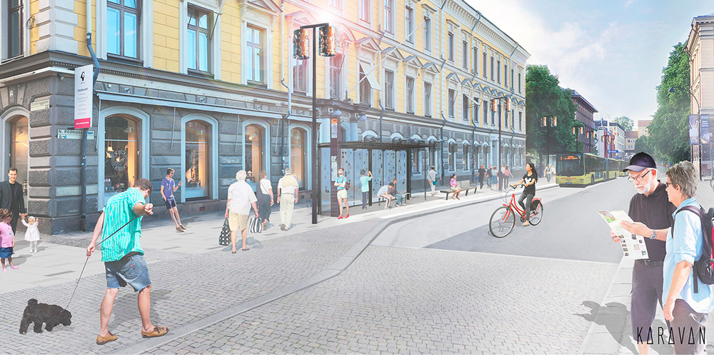 Busshållsplats i Gävle centrum med Stadshuset i bakgrunden