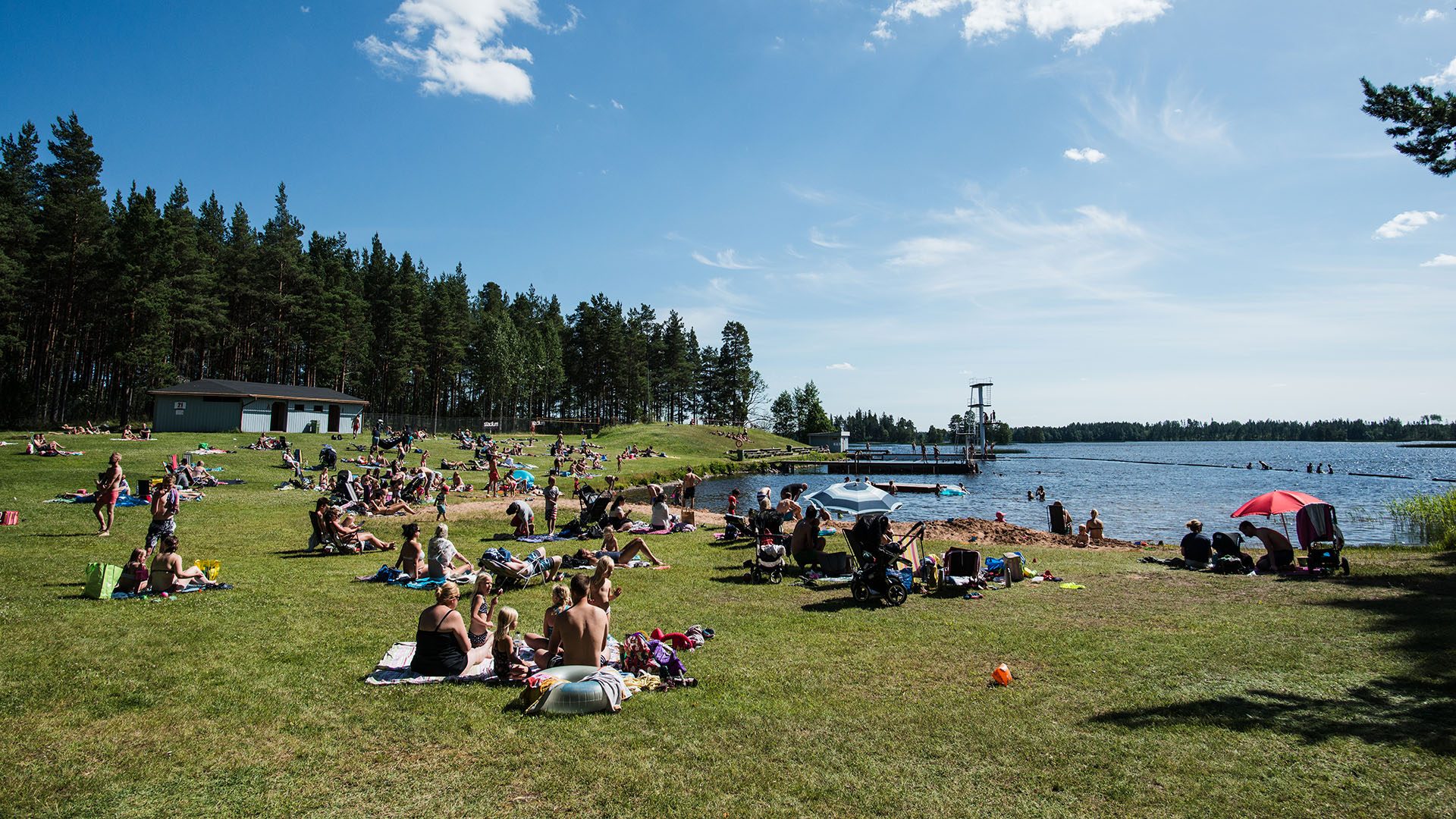 Människor som sitter på gräsmattan vid Harnäsbadet