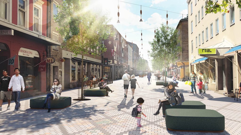 Illustration över Östra Drottninggatan dagtid