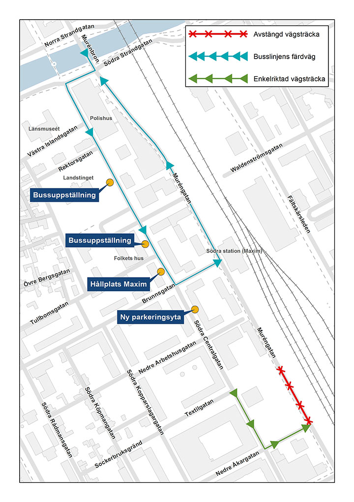 Karta som visar hur Muréngatan stängs av under byggnationen