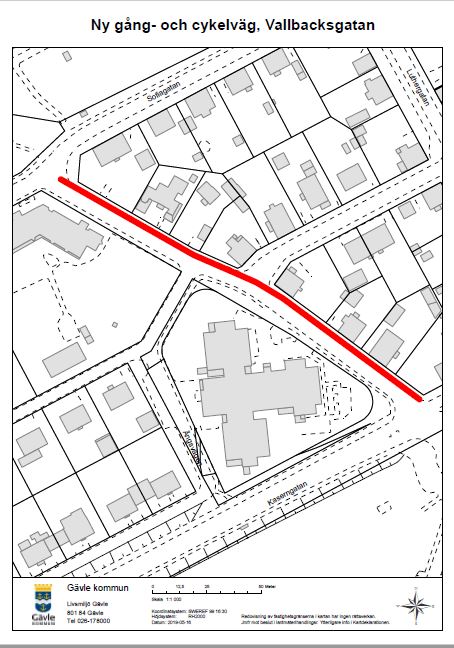 Karta över ny gång- och cykelväg på Vallbacksgatan