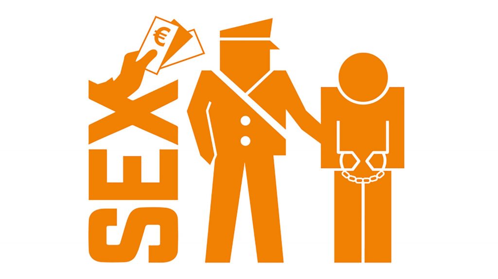 Illustration som föreställer sexbrottslag med texten sex, pengar, polis och brottsling.