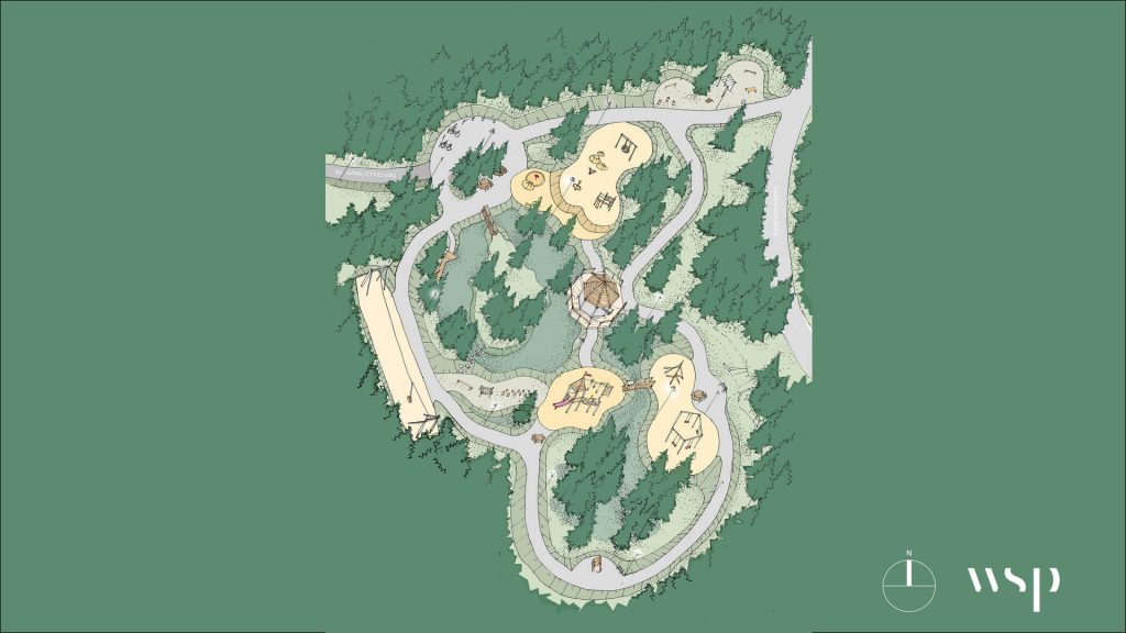Illustration av lekparker och skog ovanifrån.