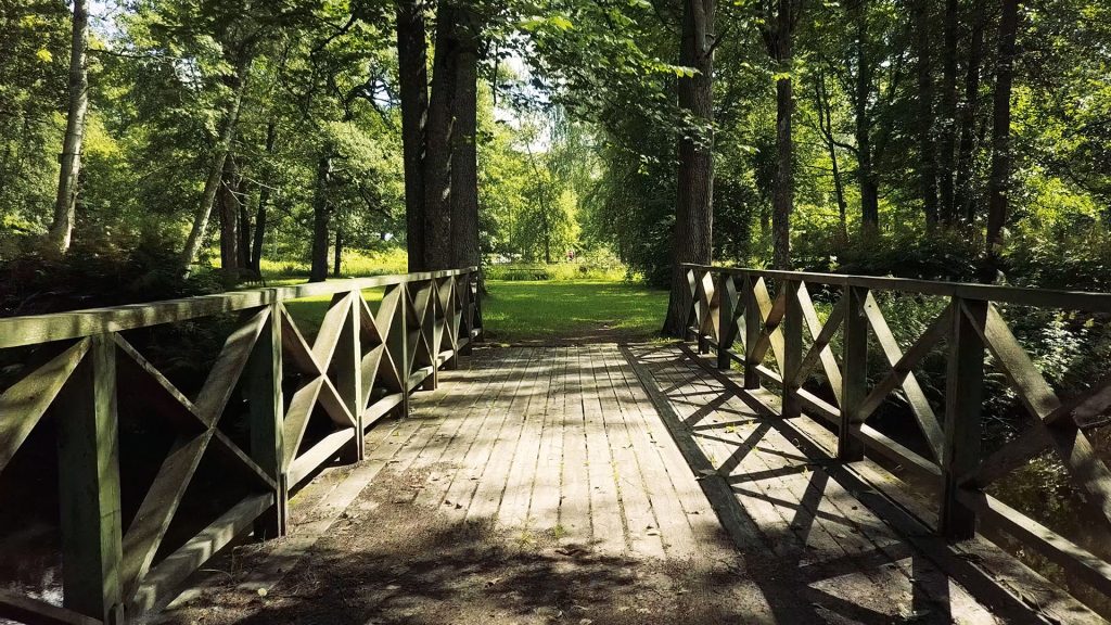 Träbro i Boulognerskogen med grönska runt om