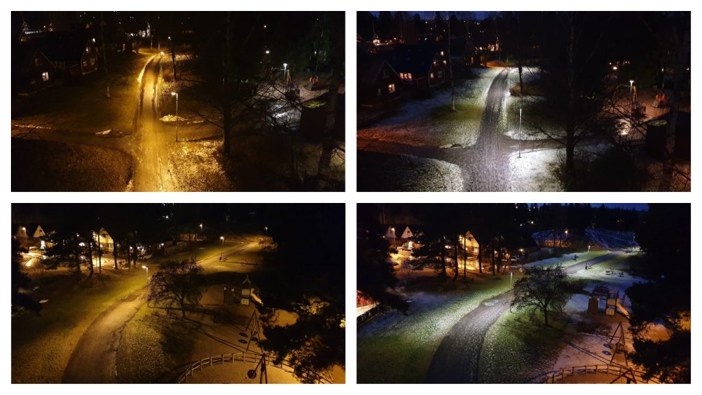 Bilden visar hur det ser ut före och efter ny belysning satts upp vid en gångväg. Till vänster syns ett dovt gult ljus från gatlamporna. Till höger syns ett starkt vitt ljus från gatlamporna.