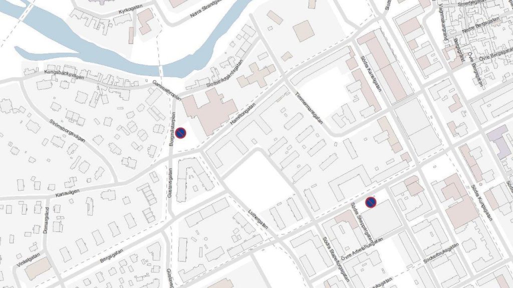 Karta över delar av Gävle söder om Gavleån. Parkeringar som stängs av den 15 maj ligger längs Borgmästarplan vid Länsstyrelsen, samt Brunnsgatan öster om Södra Skeppargatan.