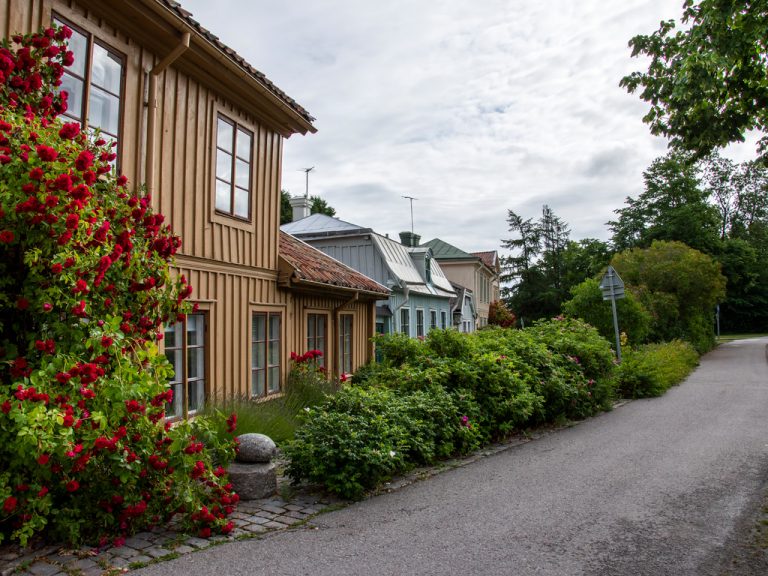 Små gamla husfasader med blomster och växter på Brynäs