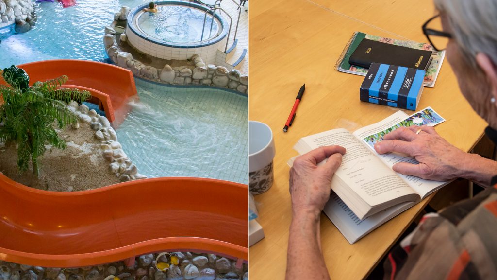 Bild från fjärranhöjder och äldre person som läser bok