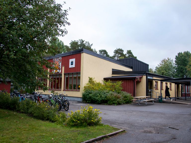 En bit av Fridhemsskolan med delar av asfalt och cykelställ fylld med cyklar.