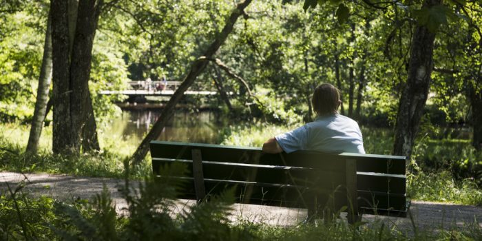 Man på barkbänk i Boulognerskogen.