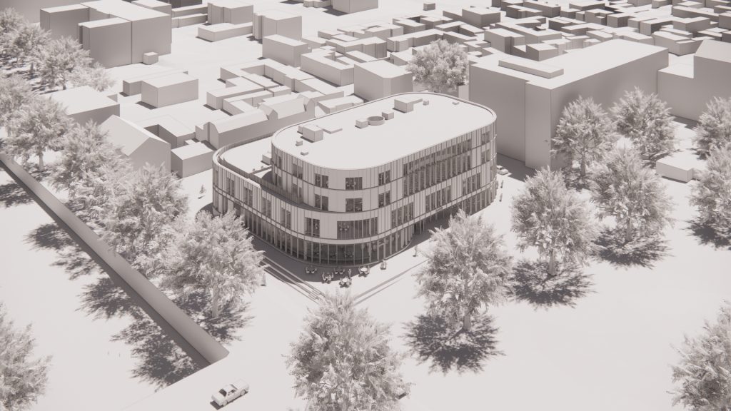 Arkitektbild på det nya kultur- och bildningscentret med rundade hörn, stora glaspartier och fyra våningsplan ovan jord.