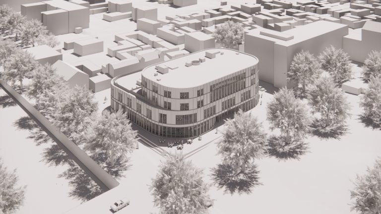 Arkitektbild på det nya kultur- och bildningscentret med rundade hörn, stora glaspartier och fyra våningsplan ovan jord.