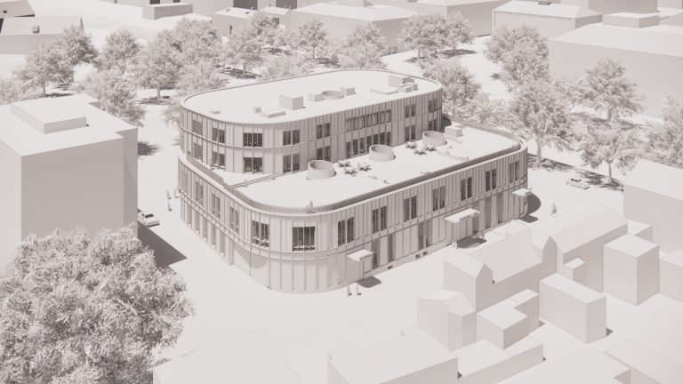 Arkitektbild på det nya kultur- och bildningscentret med rundade hörn, stora glaspartier och fyra våningsplan ovan jord.