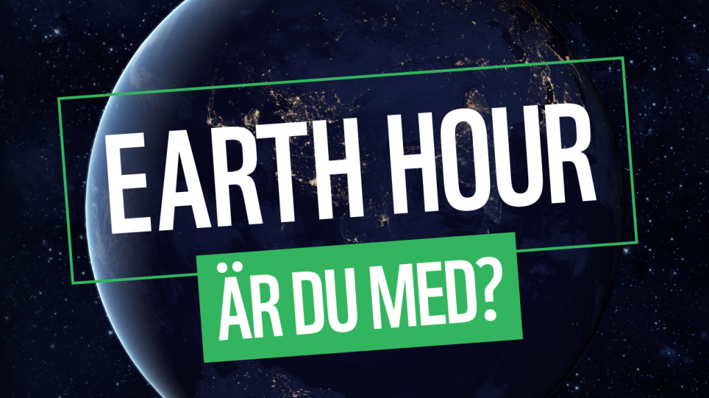 Illustrerad bild på jordklot. Text: Earth hour - Är du med?