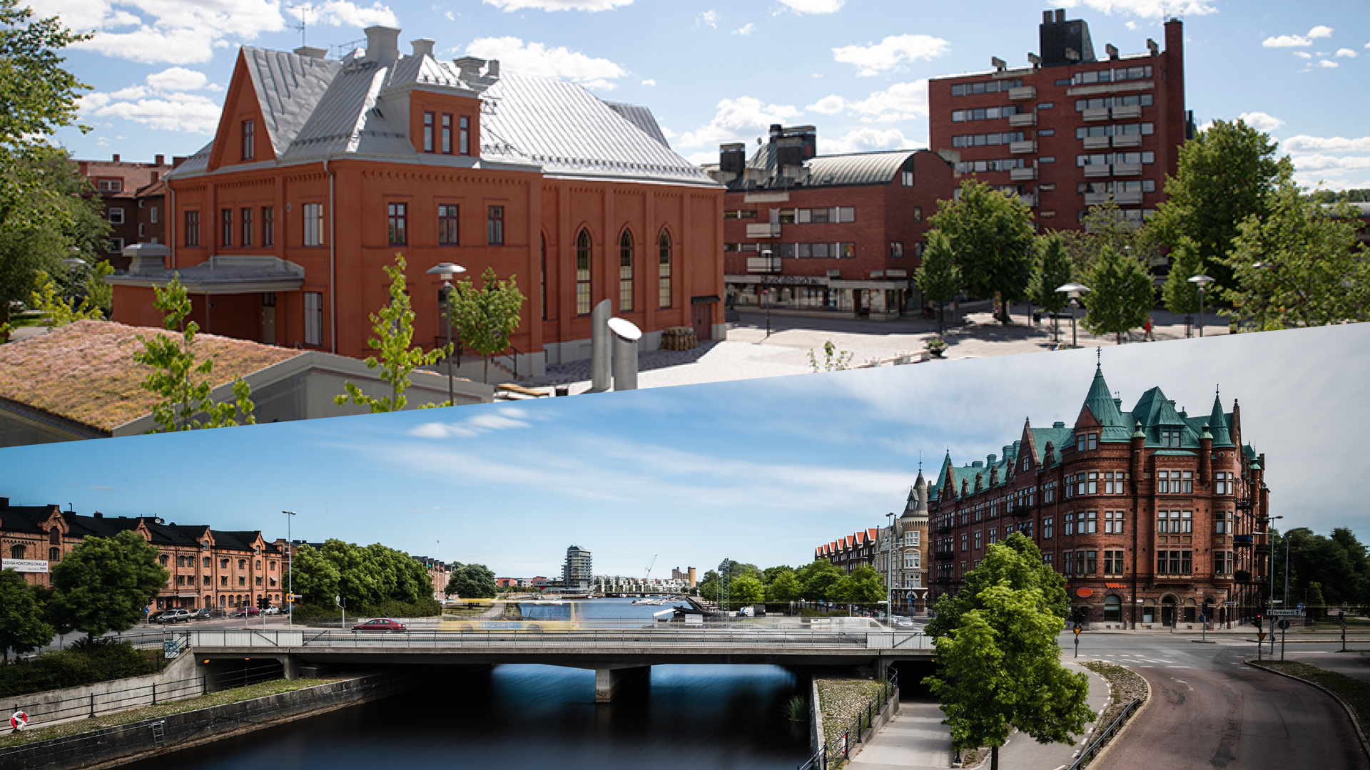 Vy över centrala sandviken och vy över Gavleån och Dalapalatset i Gävle.