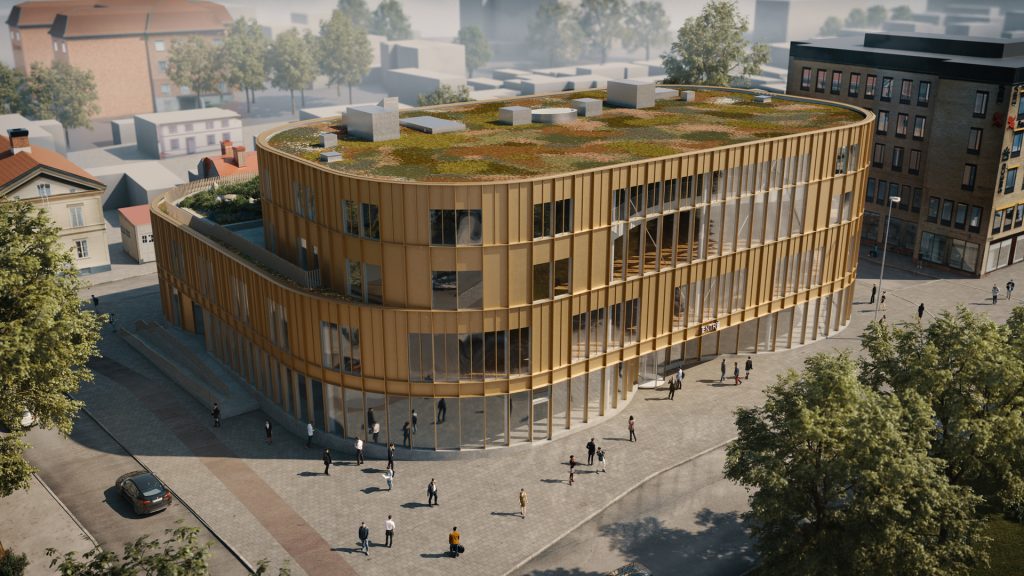 Illustration från bygglovsansökan för det framtida kultur- och bildningscentret, som visar entrén mot Slottstorget med stora glaspartier och gyllene fasad.