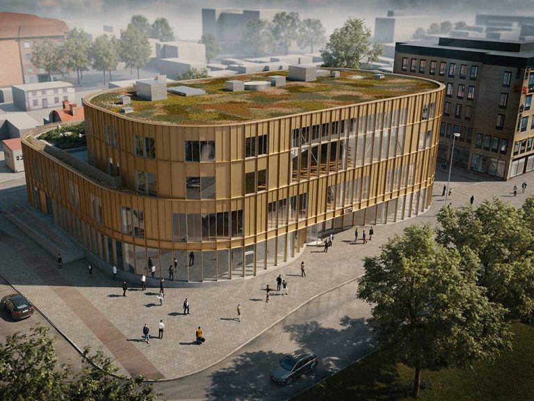 Illustration från bygglovsansökan för det framtida kultur- och bildningscentret, som visar entrén mot Slottstorget med stora glaspartier och gyllene fasad.