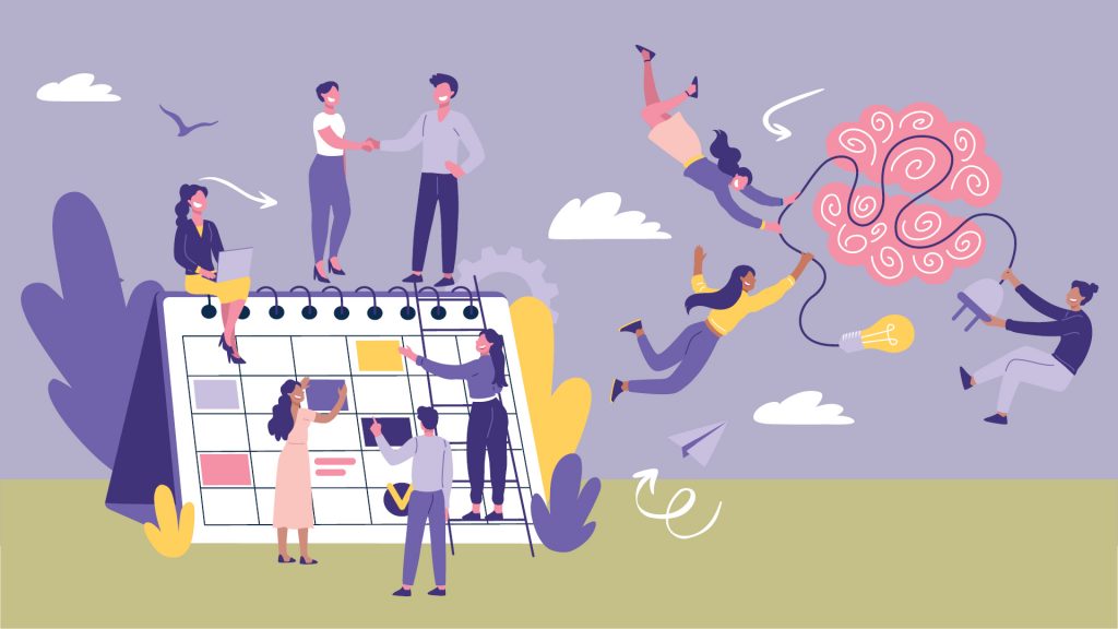 Illustration med personer i en kreativ miljö
