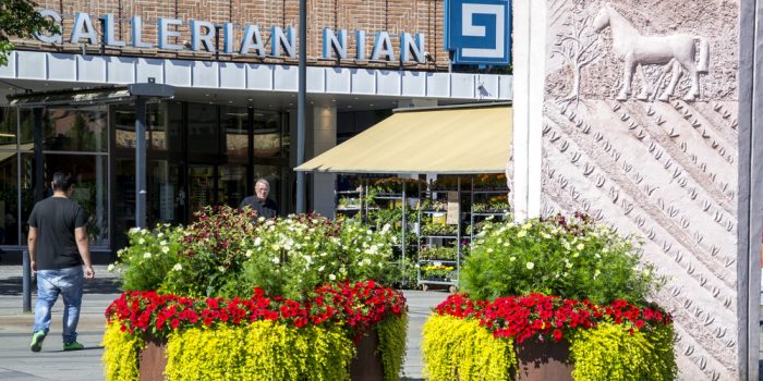 Stortorget i Gävle med blomsterarrangemang framför affärsverksamheter.