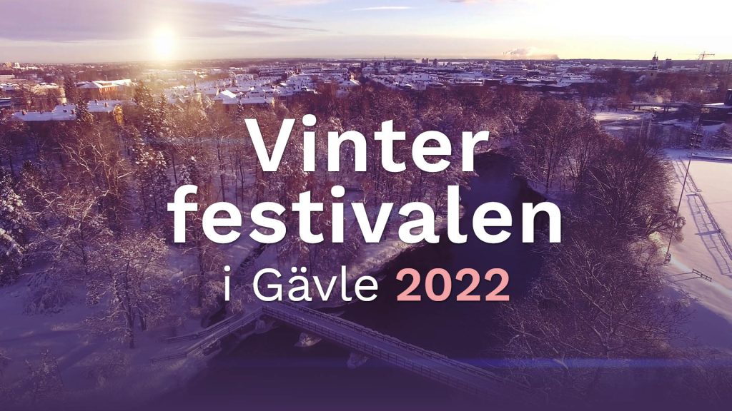 Drönarbild över vintrigt Boulognerskogen med texten Vinterfestivalen i Gävle 2022.