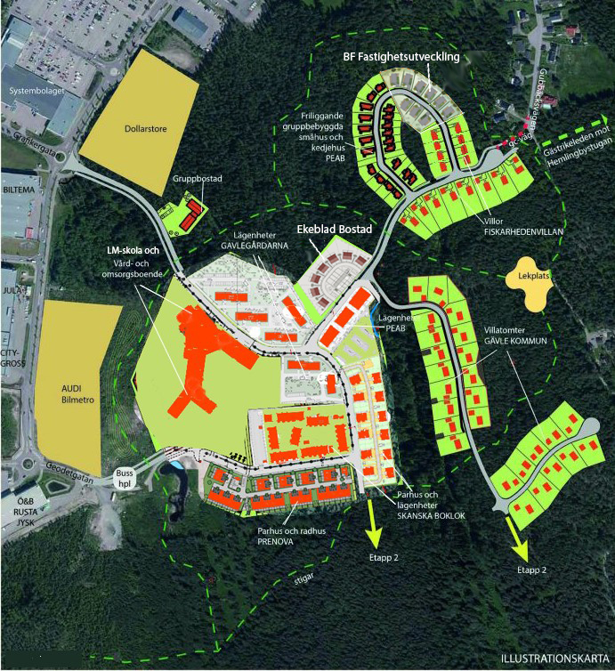 Karta över husplaceringar i Södra Hemlingby med bland annat lägenheter, parhus, villor och radhus samt vård- och omsorgsboende och skola.
