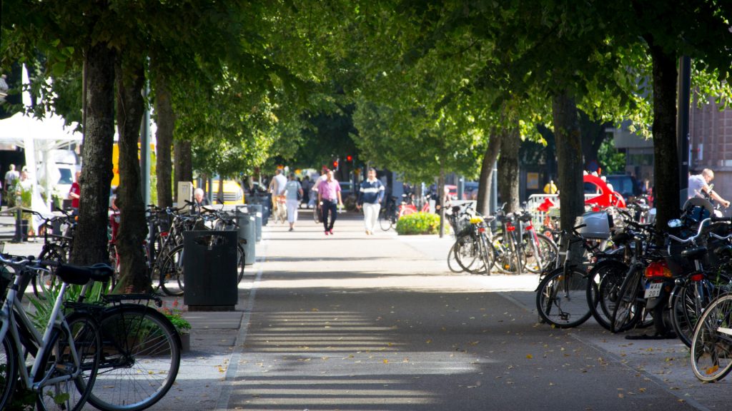 Gångbana med cyklar och cykelställ på höger och vänster sida