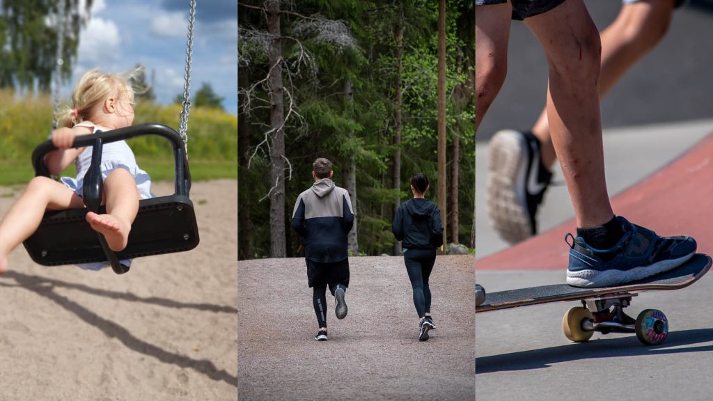 collage med tre bilder: barn som gungar, två personer löptränar och ungdom åker skateboard