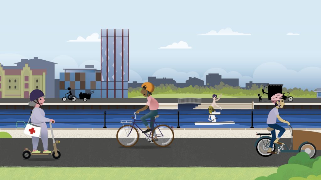 Illustrerad bild av personer som bland annat cyklar på Gävle strand