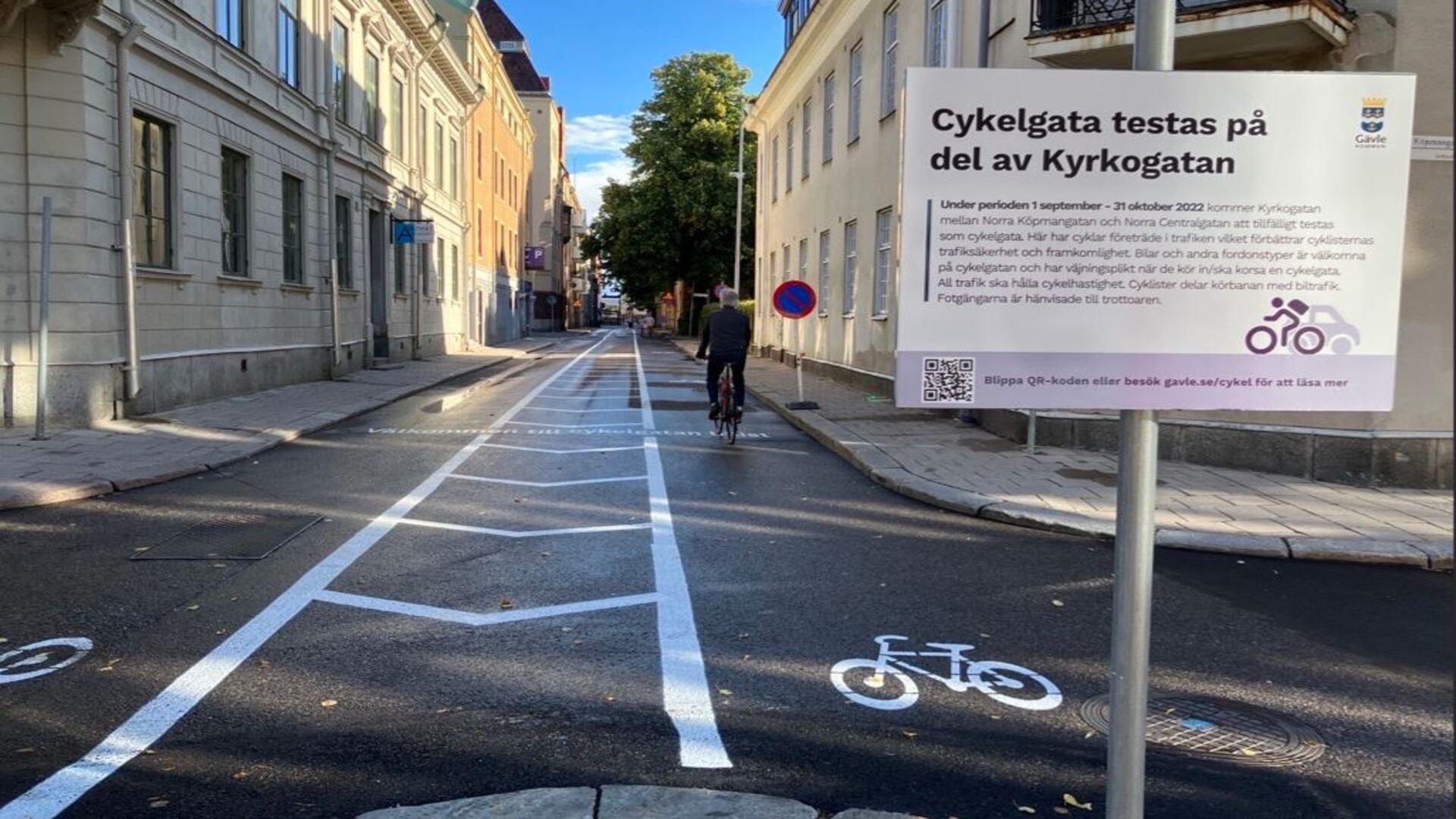 Bild på östra delen av Kyrkogatan som tillfälligt gjort om till cykelgata