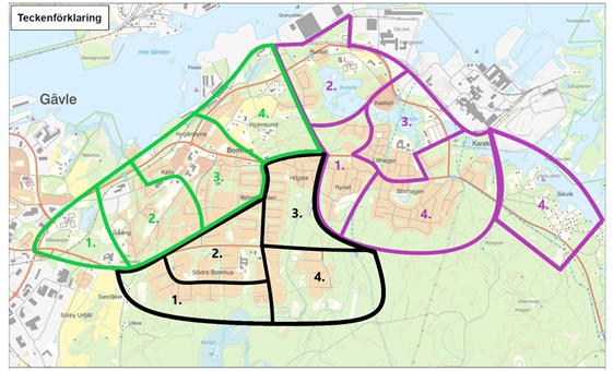 En karta över olika områden i Bomhus där en trygghetsvandring skett.