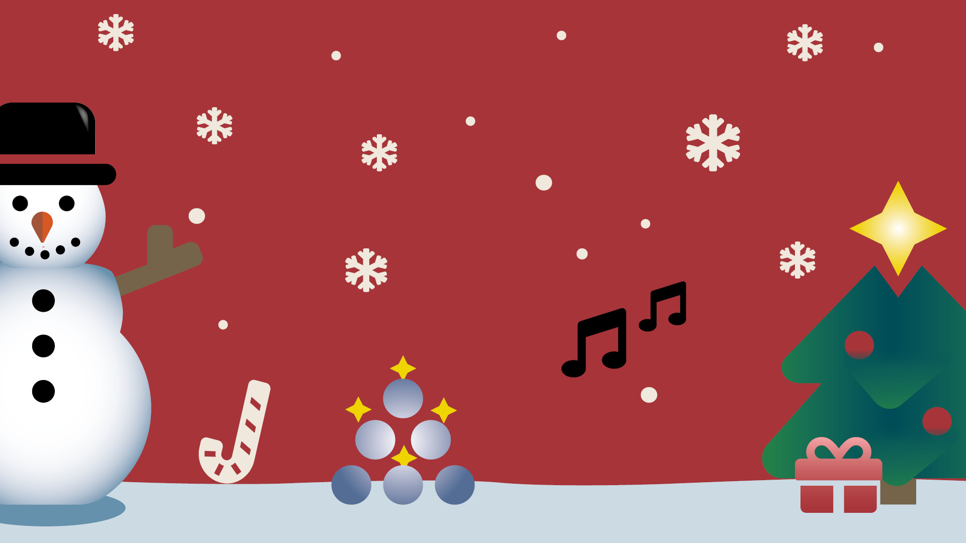 Illustration med en snögubbe, polkagriskäpp, och julgran