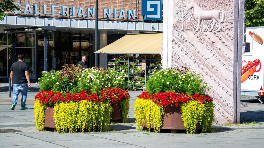 En bild på torget med blomplaneringar i förgrunden