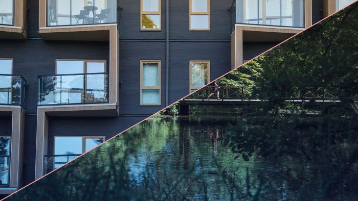 Collage av fasad från ett mörkt brunt hus med gula detaljer och natur med vattenspegel och grönska.