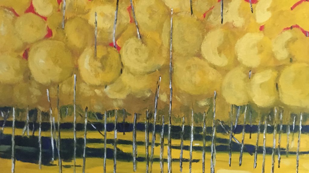 Detalj ur en målning föreställande en skog av smala träd med ljusgula lövkronor.