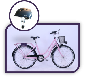 Lånecykeln till skolaktiviteter är rosa och har en cykelkorg och tillhörande svart hjälm.