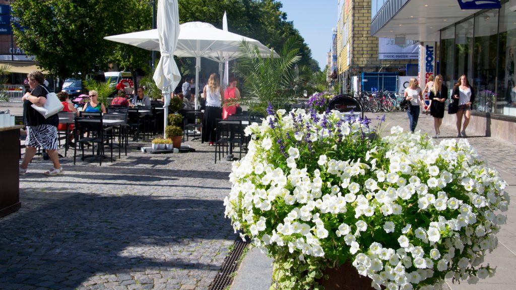 Uteservering utanför Flanör. I fokus är en blomkruka fylld med blommor.