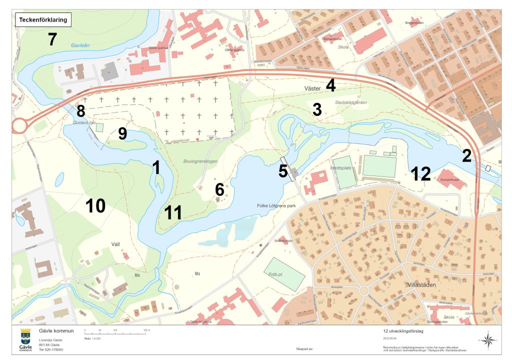 Karta över Boulognerskogen och närliggande grönområde med siffror som visar ungefärligt område för de 12 förslagen