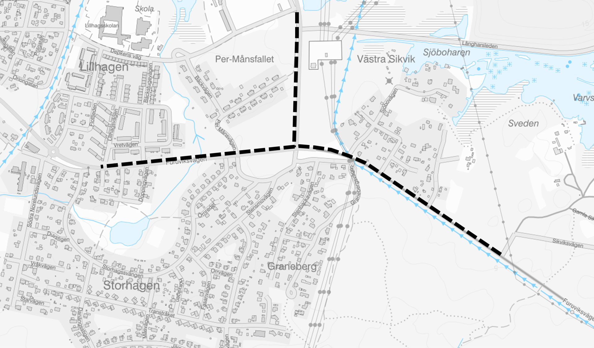 Kartan visar sträckan för den planerade gång- och cykelvägen på Furuvikavägen samt Korsnäsvägen.