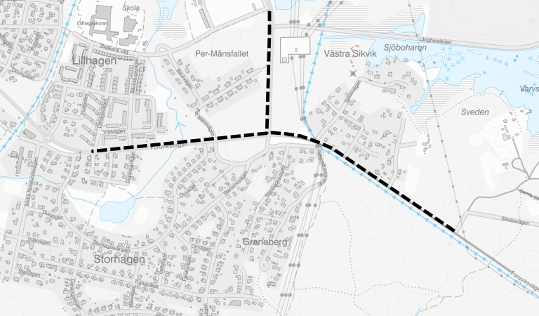 Kartan visar sträckan för den planerade gång- och cykelvägen på Furuvikavägen samt Korsnäsvägen.