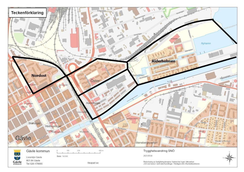 En karta över olika områdena Gävle strand, Nordost och Öster där en trygghetsvandring kommer att ske.