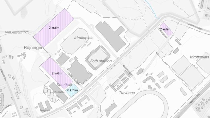 Bilden visar aktuella parkeringszoner i Gavlehovsområdet och dess timavgift för parkering