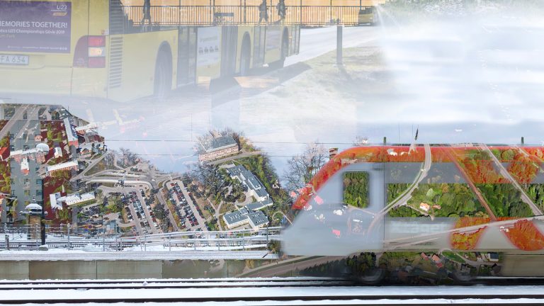 Kollage med visionsbilder över Gävle sjukhus och ett tåg.