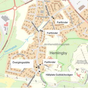 Kartan visar de platser längs Hemlingbyvägen som ska byggas om