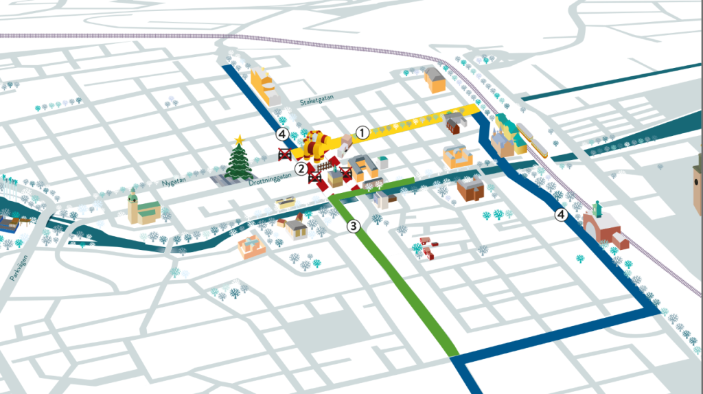 En illustrerad karta som visar vilka vägar som är öppna under gävlebockens invigning i city.