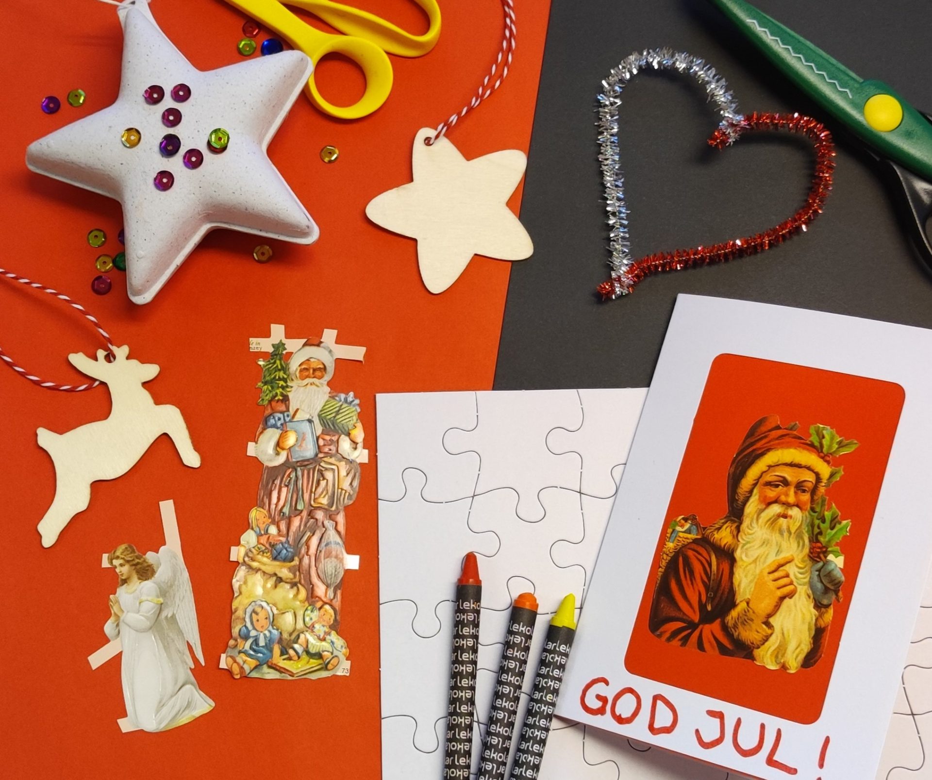 Julgransdekorationer att måla, piprensare i form av ett hjärta, pussel att måla, julkort, kritor och saxar