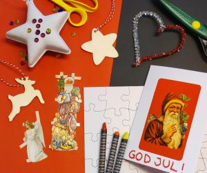 Julgransdekorationer att måla, piprensare i form av ett hjärta, pussel att måla, julkort, kritor och saxar
