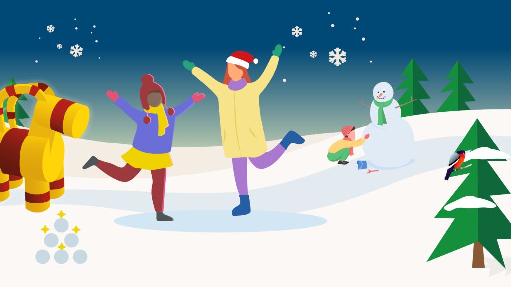 Illustrerad bild med gävlebocken och barn som leker i snön