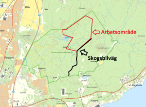 Kartan visar området för arbetet och den skogväg som trafikeras